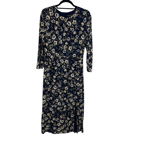 Laundry by Shelli Segal Floral High Neck Slit 3/4 Sleeve Midi Dress Navy 12 - Picture 2 of 8